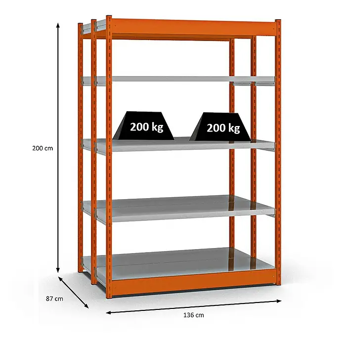 Proregal Schwerlastregal MAGNUS Vierkant-Profil Stecksystem - H x B x T: 200 x 132,5 x 40 cm, Traglast pro Boden: 200 kg, Anzahl Böden: 10 Stk., Stecken, Orange/Verzinkt