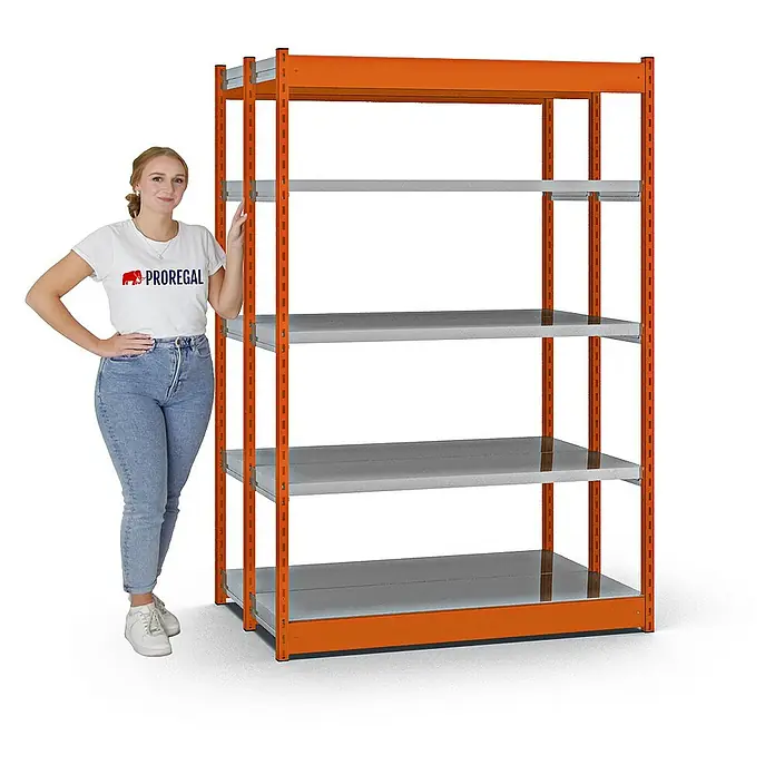 Proregal Schwerlastregal MAGNUS Vierkant-Profil Stecksystem - H x B x T: 200 x 132,5 x 40 cm, Traglast pro Boden: 200 kg, Anzahl Böden: 10 Stk., Stecken, Orange/Verzinkt