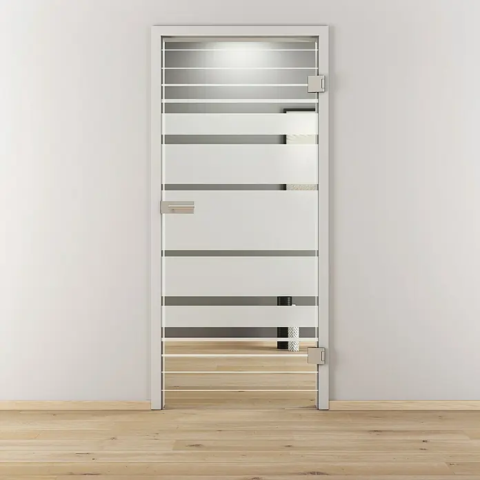 Diamond Doors Glasdrehtür Lines Flowing - 834 x 1.972 mm, DIN Rechts, Einscheibensicherheitsglas (ESG) - Elegante Tür mit horizontalen Streifen und modernem Design. Die Tür ist aus Glas gefertigt und verleiht dem Raum ein helles und stilvolles Ambiente.