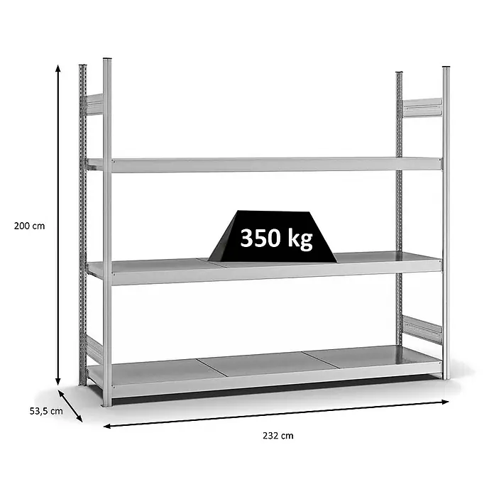 Proregal Schwerlastregal MAGNUS Stecksystem - H x B x T: 200 x 225 x 50 cm, Traglast pro Boden: 350 kg, Anzahl Böden: 3 Stk., Stecken, Verzinkt