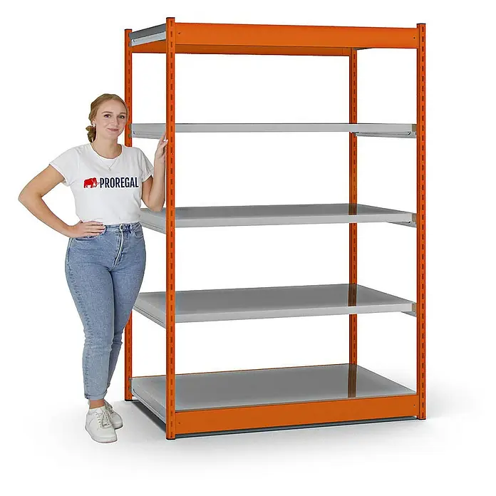 Proregal Schwerlastregal MAGNUS Vierkant-Profil Stecksystem - H x B x T: 200 x 132,5 x 80 cm, Traglast pro Boden: 200 kg, Anzahl Böden: 5 Stk., Stecken, Orange/Verzinkt