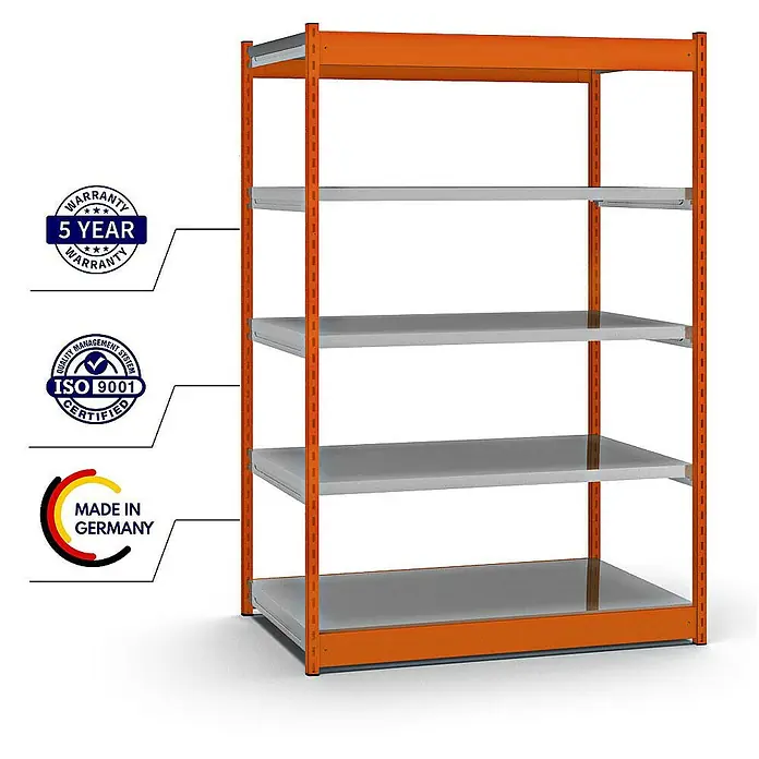 Proregal Schwerlastregal MAGNUS Vierkant-Profil Stecksystem - H x B x T: 200 x 132,5 x 80 cm, Traglast pro Boden: 200 kg, Anzahl Böden: 5 Stk., Stecken, Orange/Verzinkt