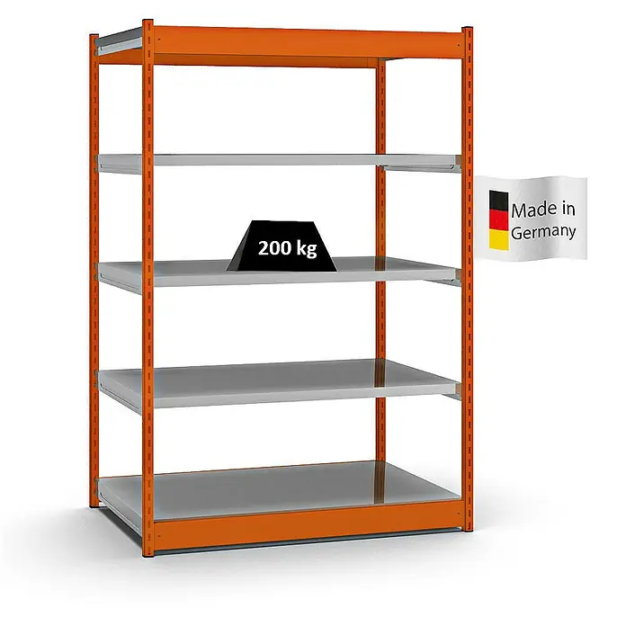 Proregal Schwerlastregal MAGNUS Vierkant-Profil Stecksystem - H x B x T: 200 x 132,5 x 80 cm, Traglast pro Boden: 200 kg, Anzahl Böden: 5 Stk., Stecken, Orange/Verzinkt
