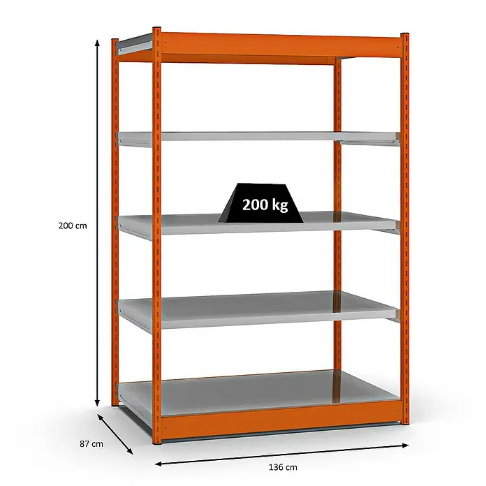 Proregal Schwerlastregal MAGNUS Vierkant-Profil Stecksystem - H x B x T: 200 x 132,5 x 80 cm, Traglast pro Boden: 200 kg, Anzahl Böden: 5 Stk., Stecken, Orange/Verzinkt
