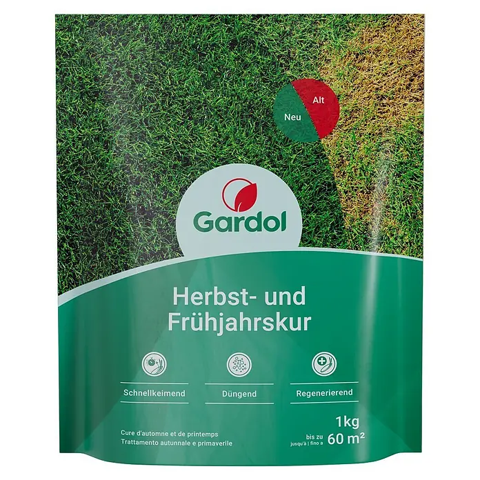 Gardol Nachsaat-Rasen Herbst- und Frühjahrskur - 1 kg, Saatgut ausreichend für: 660 m² - Gardol Herbst- und Frühjahrskur: Schnellkeimender, düngender Rasensamen für bis zu 60 m². Ideal zur Regeneration und Pflege im Herbst/Frühjahr.