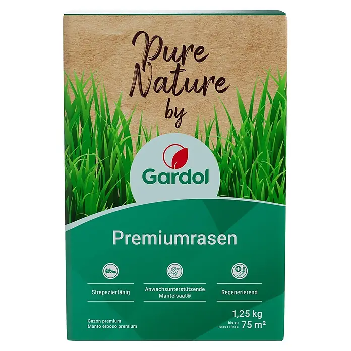 Gardol Rasensamen Premiumrasen - 1,25 kg, Saatgut ausreichend für: 75 m² - Bild einer Packung Gardol Premiumrasen "Pure Nature by Gardol", strapazierfähige Rasensamen für bis zu 75 m².