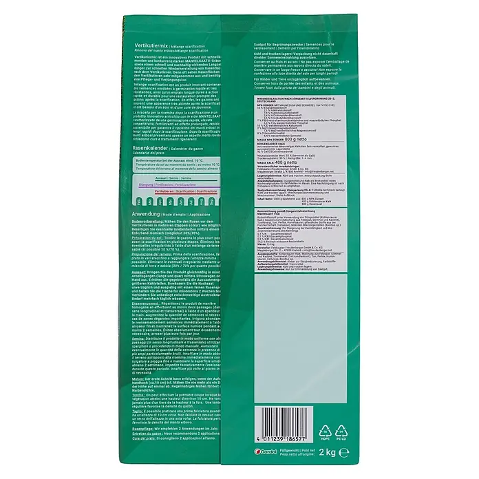 Gardol Rasensamen Vertikutiermix - 2 kg, Saatgut ausreichend für: 100 m² - Product image of Vertikutiermix from Gardol, a mix for scarifying and reseeding lawns to quickly restore damaged grass.