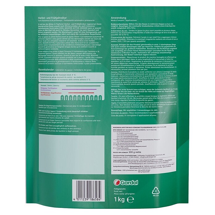 Gardol Nachsaat-Rasen Herbst- und Frühjahrskur (1 kg, Saatgut ausreichend für: 660 m²) | BAUHAUS