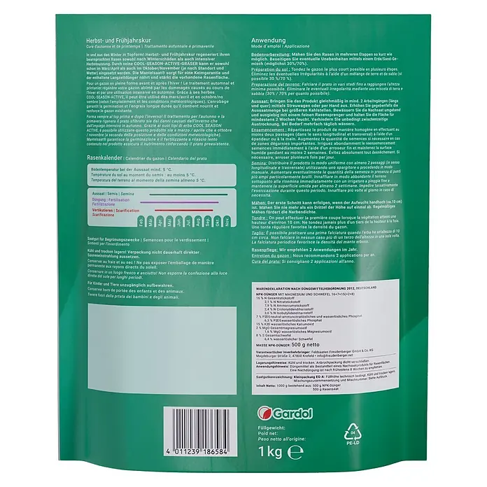 Gardol Nachsaat-Rasen Herbst- und Frühjahrskur - 1 kg, Saatgut ausreichend für: 660 m² - Gardol 1 kg Rasensamen-Packung für die Rasenpflege im Herbst und Frühjahr, ideal zur Regeneration und Stärkung beanspruchter Rasenflächen.