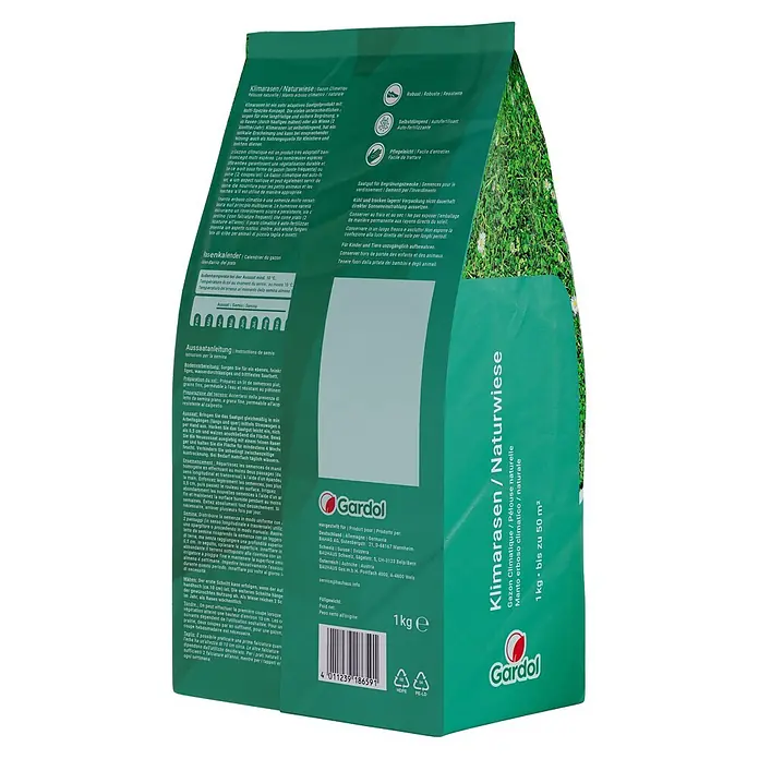 Gardol Rasensamen Klimarasen Naturwiese - 1 kg, Saatgut ausreichend für: 50 m² - Bild einer Packung Gardol Klimarasen/Naturwiese, ideal für einen klimafreundlichen Garten mit robustem, pflegeleichtem Rasen für bis zu 50 m².