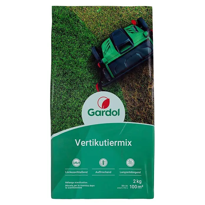Gardol Rasensamen Vertikutiermix - 2 kg, Saatgut ausreichend für: 100 m² - Das Bild zeigt eine Packung Gardol Vertikutiermix, ein Produkt zur Rasenpflege, das für bis zu 100 m² Fläche geeignet ist und 2 kg wiegt.