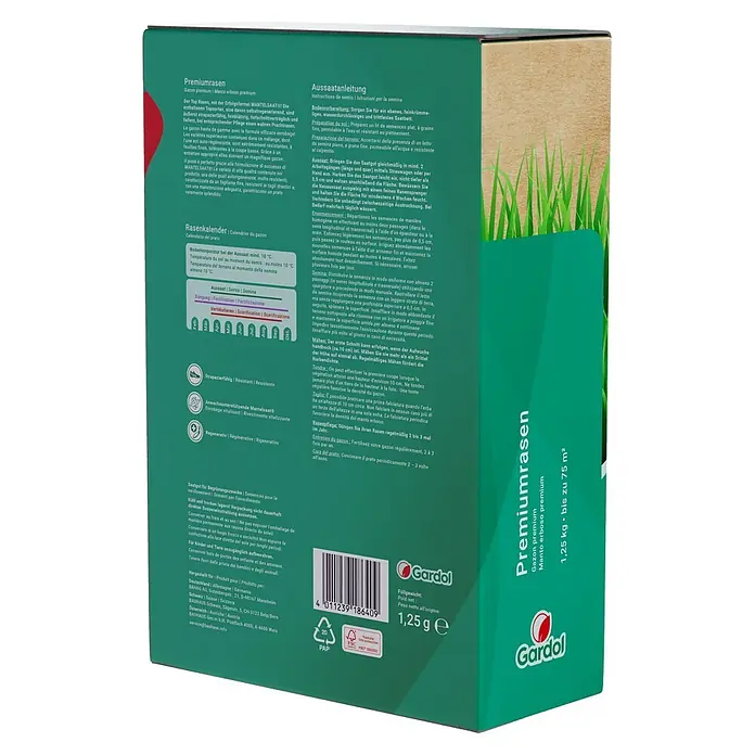 Gardol Rasensamen Premiumrasen - 1,25 kg, Saatgut ausreichend für: 75 m² - Bild einer Packung Gardol Premiumrasen, einer Rasenmischung für einen dichten, strapazierfähigen Rasen mit Aussaatanleitung und Kalender.