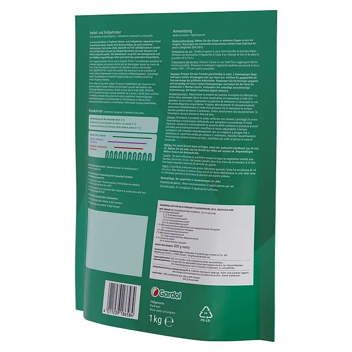 Gardol Nachsaat-Rasen Herbst- und Frühjahrskur - 1 kg, Saatgut ausreichend für: 660 m² - Gardol NPK Dünger mit Magnesium und Schwefel 1kg. Der perfekte Dünger für einen gesunden und widerstandsfähigen Rasen im Garten.