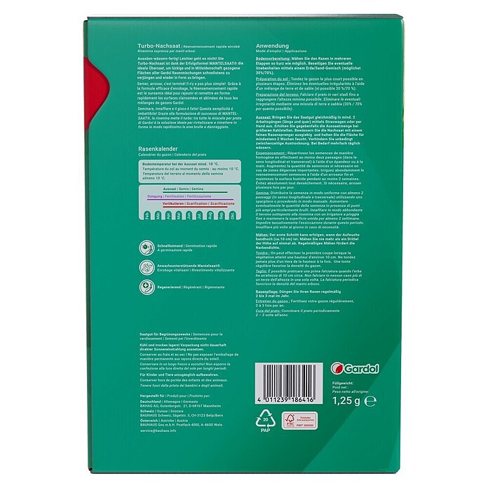Gardol Nachsaat-Rasen Turbo (1,25 kg, Saatgut ausreichend für: 100 m²) | BAUHAUS