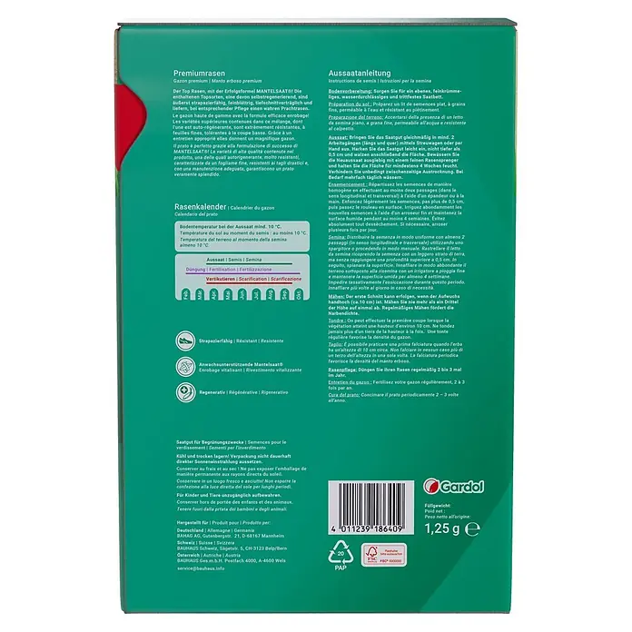 Gardol Rasensamen Premiumrasen - 1,25 kg, Saatgut ausreichend für: 75 m² - Produktbild: Gardol Premiumrasen-Verpackung.
