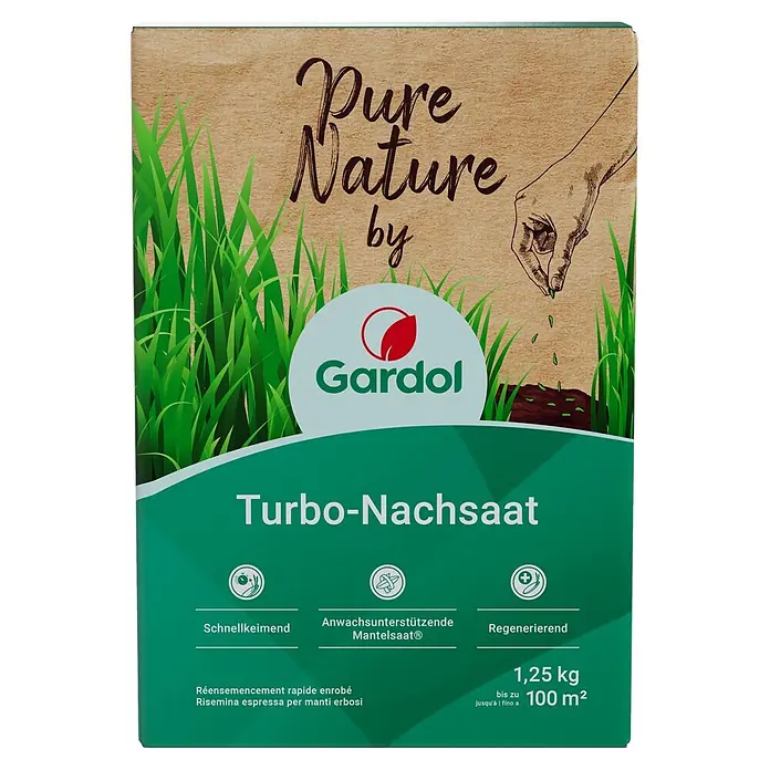 Gardol Nachsaat-Rasen Turbo - 1,25 kg, Saatgut ausreichend für: 100 m² - Verpackung von Gardol Turbo-Nachsaat-Rasensamen für schnelles Keimen und Regeneration, ausreichend für bis zu 100 m².