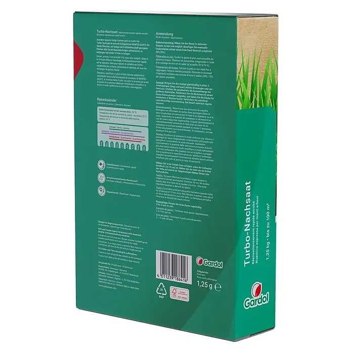 Gardol Nachsaat-Rasen Turbo - 1,25 kg, Saatgut ausreichend für: 100 m² - Gardol Turbo-Nachsaat: Schnelle Rasenreparatur für dichten, grünen Rasen. Ideal für Ausbesserungen und Neuanlagen bis 100 m².