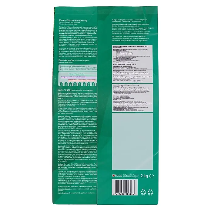 Gardol Nachsaat-Rasen Flächenerneuerung - 2 kg, Saatgut ausreichend für: 120 m² - Rasen-Flächen Erneuerungspackung von Gardol, 2 kg. Für die Rasenreparatur und -erneuerung, mit Saatgut und Dünger für einen dichten, grünen Rasen.