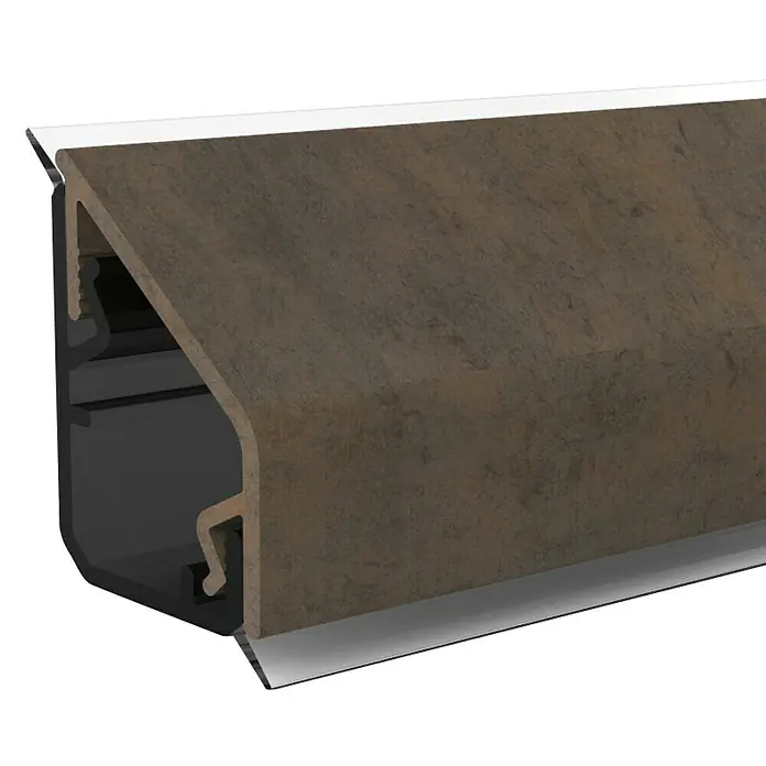Kantoflex Wandabschlussprofil Design 45274 Cortenstahl - 60 x 1,6 x 2,4 cm - Nahaufnahme eines stilvollen Treppenkantenprofils aus robustem Material, ideal für moderne Innenräume.