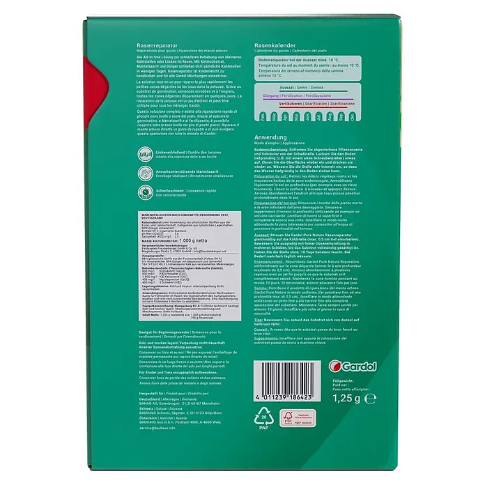 Gardol Nachsaat-Rasen Rasenreparatur - 1,25 kg, Saatgut ausreichend für: 10 m² - Bild einer Verpackung Gardol Rasenreparatur, ideal für die schnelle Reparatur von kahlen Stellen im Rasen und zur Rasenpflege.
