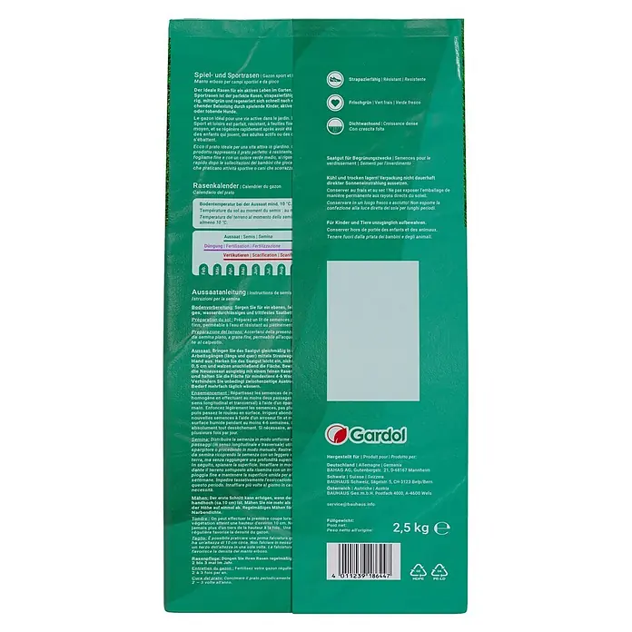 Gardol Spiel- & Sportrasensamen - 2,5 kg, Saatgut ausreichend für: 125 m² - Rasensamen-Verpackung von Gardol. Strapazierfähige Rasenmischung für Spiel- und Sportrasen mit dichter Grasnarbe für einen sattgrünen, strapazierfähigen Rasen.