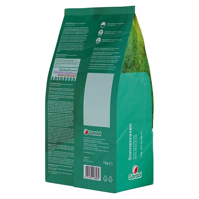 Gardol Rasensamen Sonnenrasen - 1 kg, Saatgut ausreichend für: 40 m² - Bild eines Gardol Sonnenrasen-Samenbeutels. Geeignet für sonnige Lagen, für bis zu 40 m² Rasenfläche.