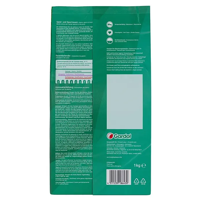 Gardol Spiel- & Sportrasensamen - 1 kg, Saatgut ausreichend für: 50 m² - Gardol Spiel- und Sportrasen-Samenpackung. Strapazierfähiger, frischer, dicht wachsender Rasen für Spiel und Sport.