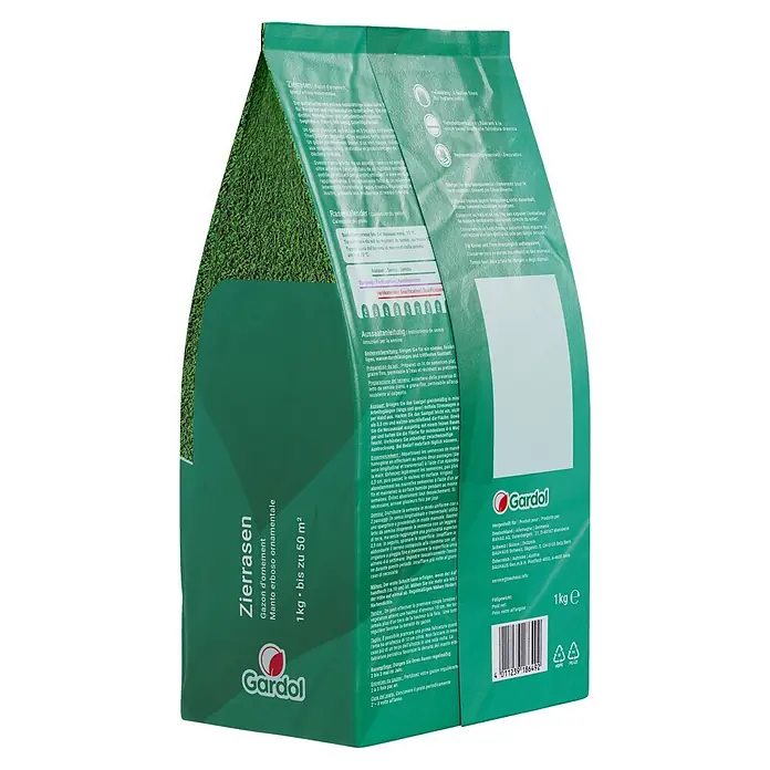 Gardol Zierrasensamen - 1 kg, Saatgut ausreichend für: 50 m² - Bild einer Gardol Zierrasen-Packung, ideal für einen Zierrasen. Geeignet für bis zu 50 m², mit einer detaillierten Aussaatanleitung.