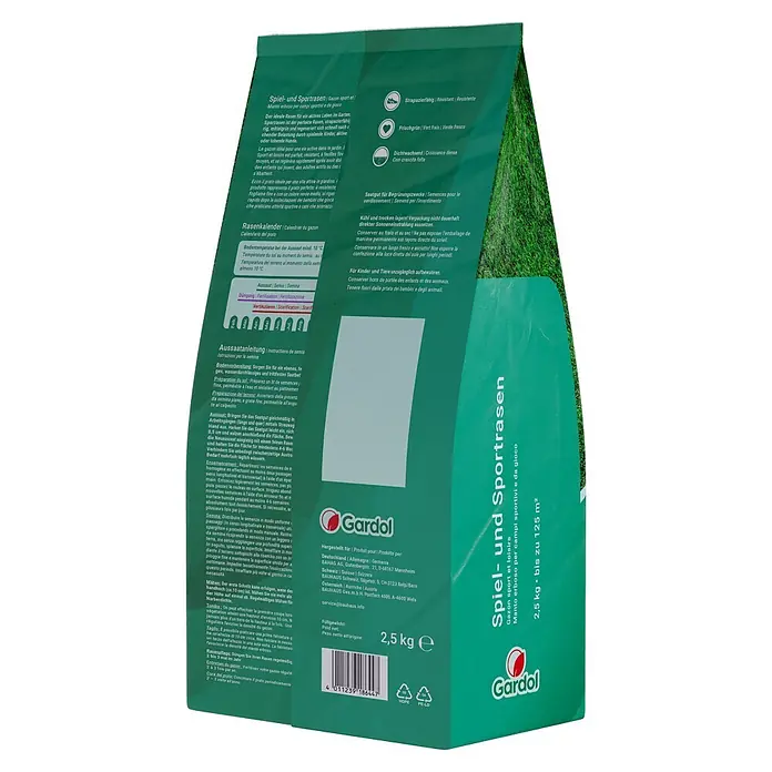 Gardol Spiel- & Sportrasensamen - 2,5 kg, Saatgut ausreichend für: 125 m² - Abbildung einer Packung Gardol Spiel- und Sportrasen, geeignet für Rasenflächen bis 125 m².