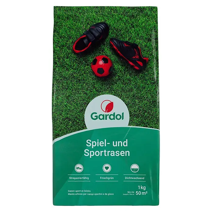 Gardol Spiel- & Sportrasensamen - 1 kg, Saatgut ausreichend für: 50 m² - Gardol Spiel- und Sportrasen-Packung mit Fußballschuhen und Ball, ideal für strapazierfähigen, frischgrünen und dicht wachsenden Rasen.
