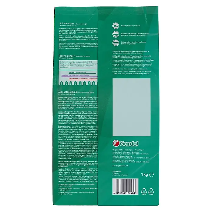 Gardol Schattenrasensamen - 1 kg, Saatgut ausreichend für: 50 m² - Gardol Schattenrasen-Verpackung, ideal für schattige Lagen. Robuste Mischung für dichten, strapazierfähigen Rasen mit kräftiger Blattstruktur.