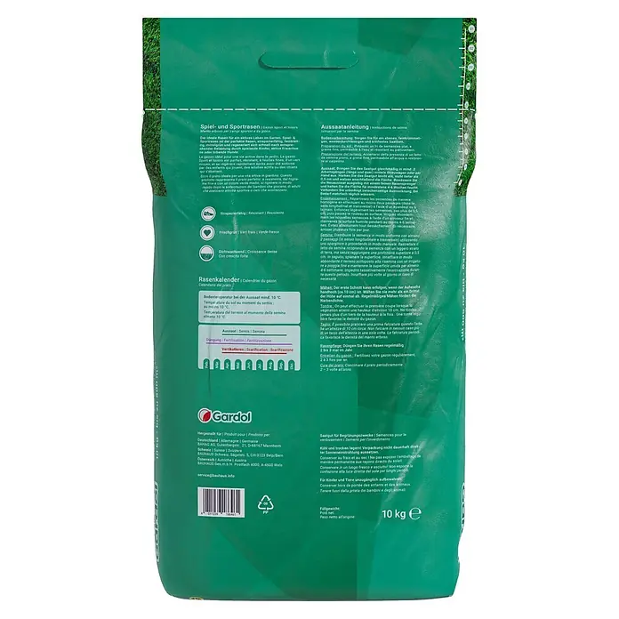 Gardol Spiel- & Sportrasensamen - 10 kg, Saatgut ausreichend für: 500 m² - Rasensamen-Verpackung. Strapazierfähige Spiel- und Sportrasenmischung von Gardol, ideal für Gärten und Sportplätze. 10 kg Packung für dichten, grünen Rasen.