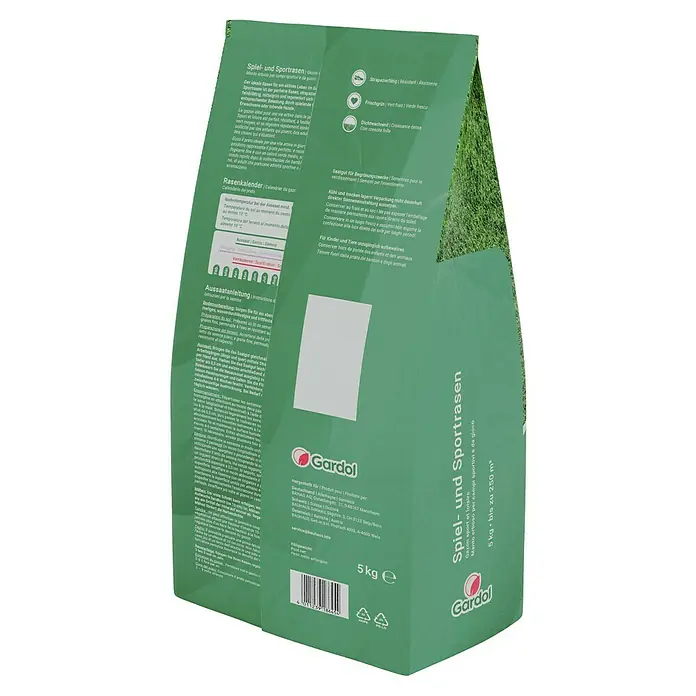 Gardol Spiel- & Sportrasensamen - 5 kg, Saatgut ausreichend für: 250 m² - Bild eines Gardol Spiel- und Sportrasen-Samenbeutels.