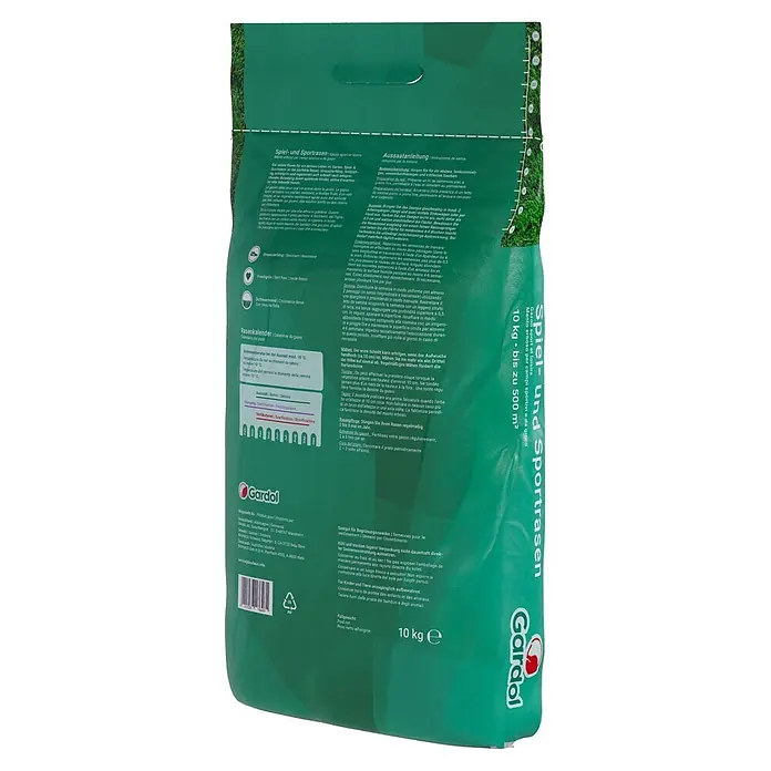 Gardol Spiel- & Sportrasensamen - 10 kg, Saatgut ausreichend für: 500 m² - Produktansicht des Gardol Spiel- und Sportrasens, ideal für strapazierfähige Rasenflächen. Geeignet für Flächen bis zu 500 m², 10 kg Packung.