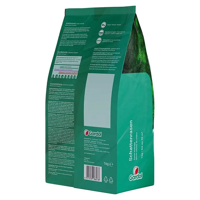 Gardol Schattenrasensamen - 1 kg, Saatgut ausreichend für: 50 m² - Bild eines Gardol Schattenrasen-Produkts, ideal für schattige Bereiche, 1 kg für bis zu 50 m².