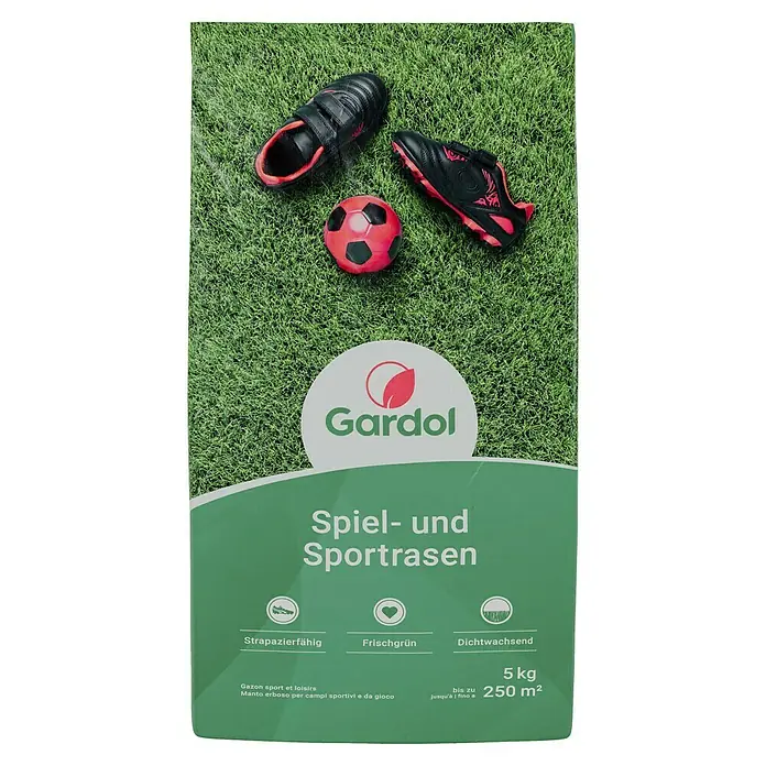 Gardol Spiel- & Sportrasensamen - 5 kg, Saatgut ausreichend für: 250 m² - Abbildung einer Verpackung Sportrasen von Gardol mit Fußballschuhen und Ball auf Rasen.