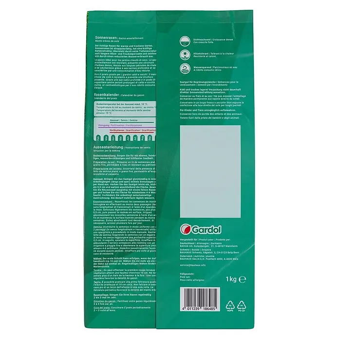 Gardol Rasensamen Sonnenrasen - 1 kg, Saatgut ausreichend für: 40 m² - Abbildung der Gardol Sonnenrasen-Verpackung, ideal für sonnige Gärten. Die Packung ist grün und enthält Informationen zur Aussaat.