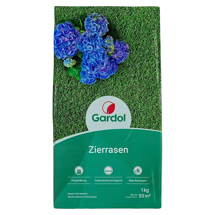Gardol Zierrasensamen - 1 kg, Saatgut ausreichend für: 50 m² - Packung Zierrasen der Marke Gardol, geeignet für bis zu 50 m², mit blauen Hortensien auf grünem Rasenhintergrund.