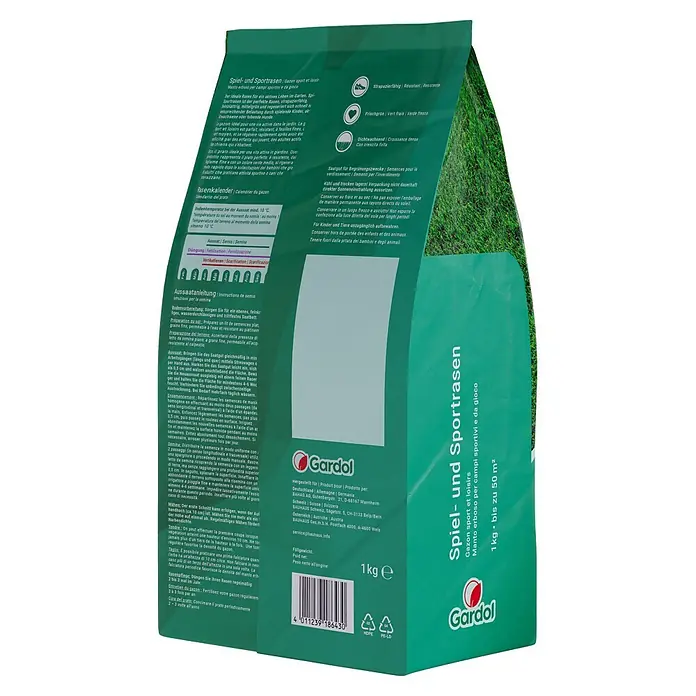Gardol Spiel- & Sportrasensamen - 1 kg, Saatgut ausreichend für: 50 m² - Produktbild einer Packung Spiel- und Sportrasen von Gardol, ideal für strapazierfähigen Rasen.