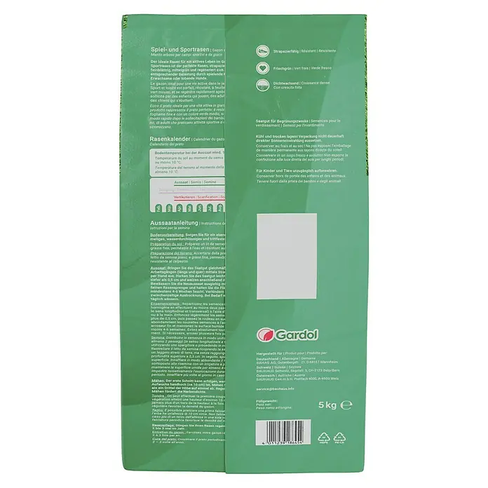 Gardol Spiel- & Sportrasensamen - 5 kg, Saatgut ausreichend für: 250 m² - Rasensamenpackung von Gardol, ideal für Spiel- und Sportrasen. Strapazierfähig, frischgrün und dicht wachsend.