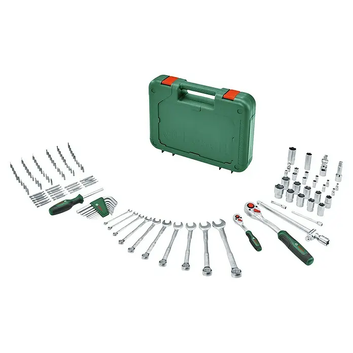 Bosch Werkzeugkoffer Fastening Set 2 - 132 -tlg. - Werkzeugsatz von Bosch mit einer grünen Aufbewahrungsbox und verschiedenen Werkzeugen wie Schraubenschlüssel und Steckschlüsseln.