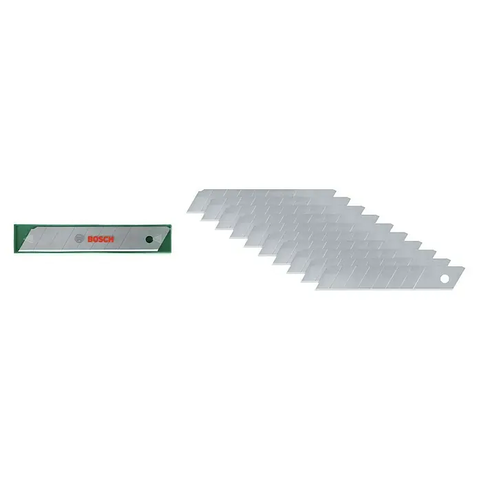Bosch Abbrechklinge - Passend für: Bosch Cuttermesser, 10 Stk. - Das Bild zeigt eine Packung Bosch-Universalmesser mit mehreren Klingen. Ideal für Handwerker und Heimwerker für präzise Schneidarbeiten.