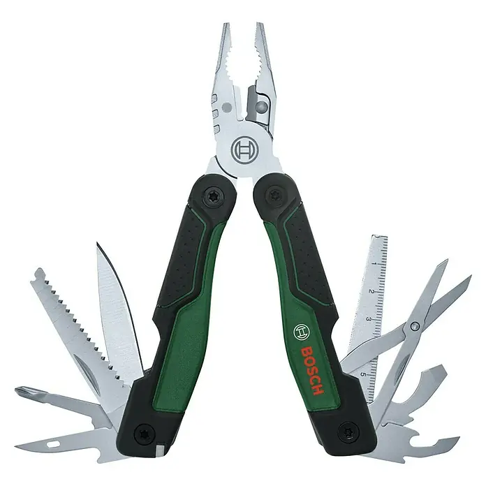 Bosch Multitool-Set 16-in-1 - Edelstahl - Ein detailliertes Bild eines Bosch Multi-Tool, das für seine Vielseitigkeit und Nützlichkeit bei verschiedenen Aufgaben bekannt ist.