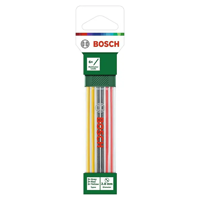Bosch Ersatzminen Multicolor - 6 Stk. - Bosch Multicolor Minen 2,8mm. Das Set enthält 6 Minen in Gelb, Grau und Rot, ideal für Markierungen und Hervorhebungen auf verschiedenen Oberflächen.