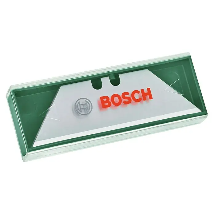 Bosch Trapezklinge - Passend für: Bosch Klappmesser, 10 Stk. - Abgebildete Bosch-Cutterklingen in einer transparenten und grünen Kunststoffbox. Das Produkt ist ideal für Handwerker und Heimwerker.