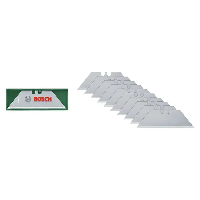 Bosch Trapezklinge - Passend für: Bosch Klappmesser, 10 Stk. - Ein Set Bosch-Universalmesser in einer grünen Box und freistehend, ideal für verschiedene Schneidarbeiten.