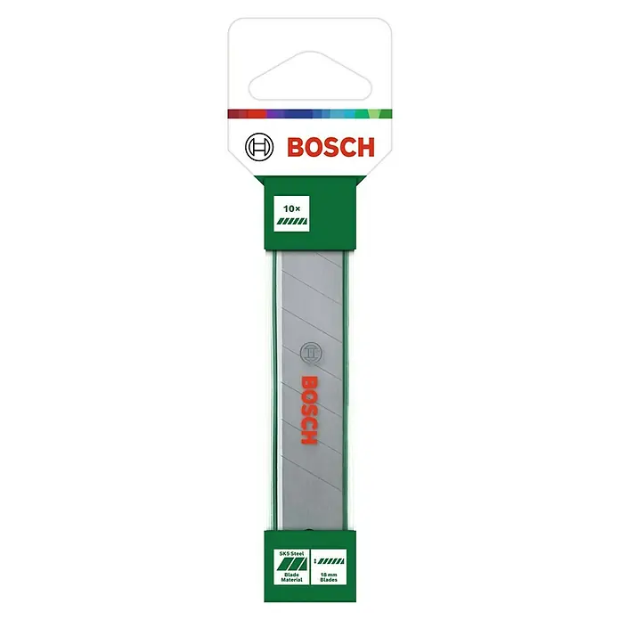 Bosch Abbrechklinge - Passend für: Bosch Cuttermesser, 10 Stk. - Die Bild zeigt eine Packung Bosch 18 mm Abbrechklingen, bestehend aus SK5 Stahl und mit einer Menge von 10 Stück für eine hohe Qualität.