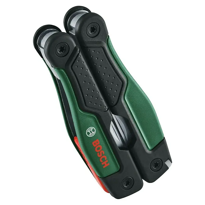Bosch Multitool-Set 16-in-1 - Edelstahl - Nahaufnahme eines Bosch Multi-Tool mit grünen und schwarzen Griffen, zusammengeklappt und kompakt für den Einsatz.