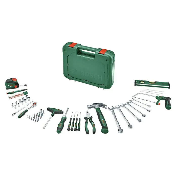 Bosch Werkzeugkoffer Advanced V2 - 64 -tlg. - Bosch Werkzeug-Set mit Werkzeugkoffer, Wasserwaage, Hammer, Schraubenschlüssel, Schraubendreher und Zange für Heimwerker und Profis.
