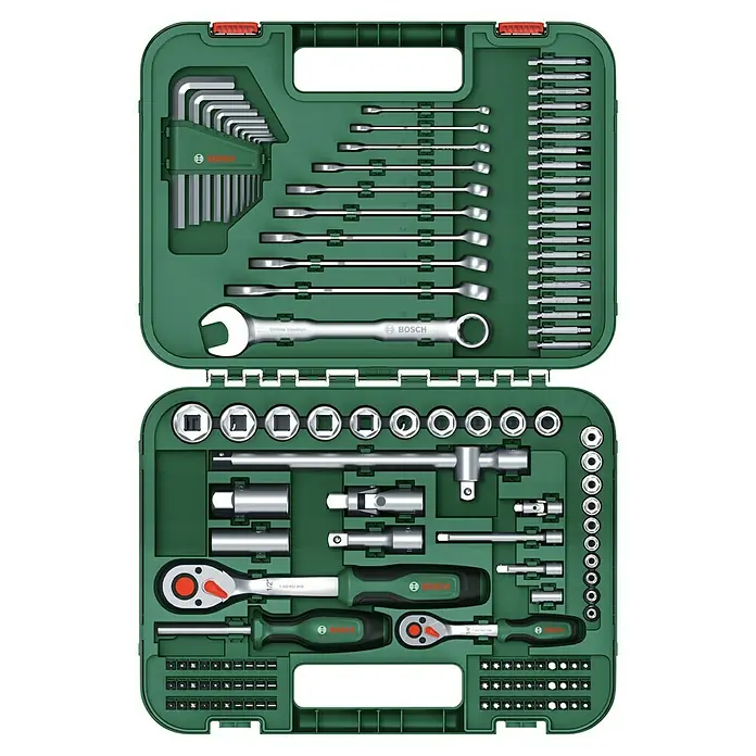 Bosch Werkzeugkoffer Fastening Set 2 - 132 -tlg. - Werkzeugkoffer von Bosch mit verschiedenen Werkzeugen wie Schraubenschlüssel, Inbusschlüssel, Steckschlüssel und Bits, ideal für Heimwerker und Profis.